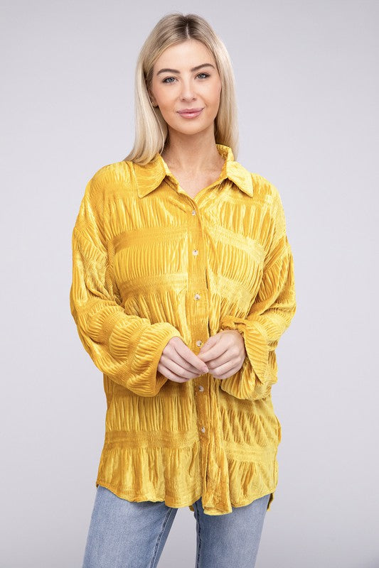 Wrinkle Effect Tiered Shirring Velvet Shirt