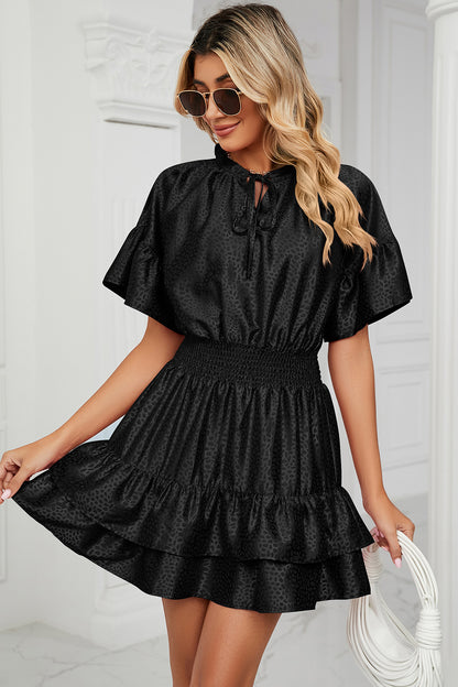 Smocked Tie Neck Flounce Sleeve Dress - In Style Chics Boutique LLC