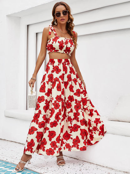 Floral Tie Shoulder Top and Tiered Maxi Skirt Set - In Style Chics Boutique LLC