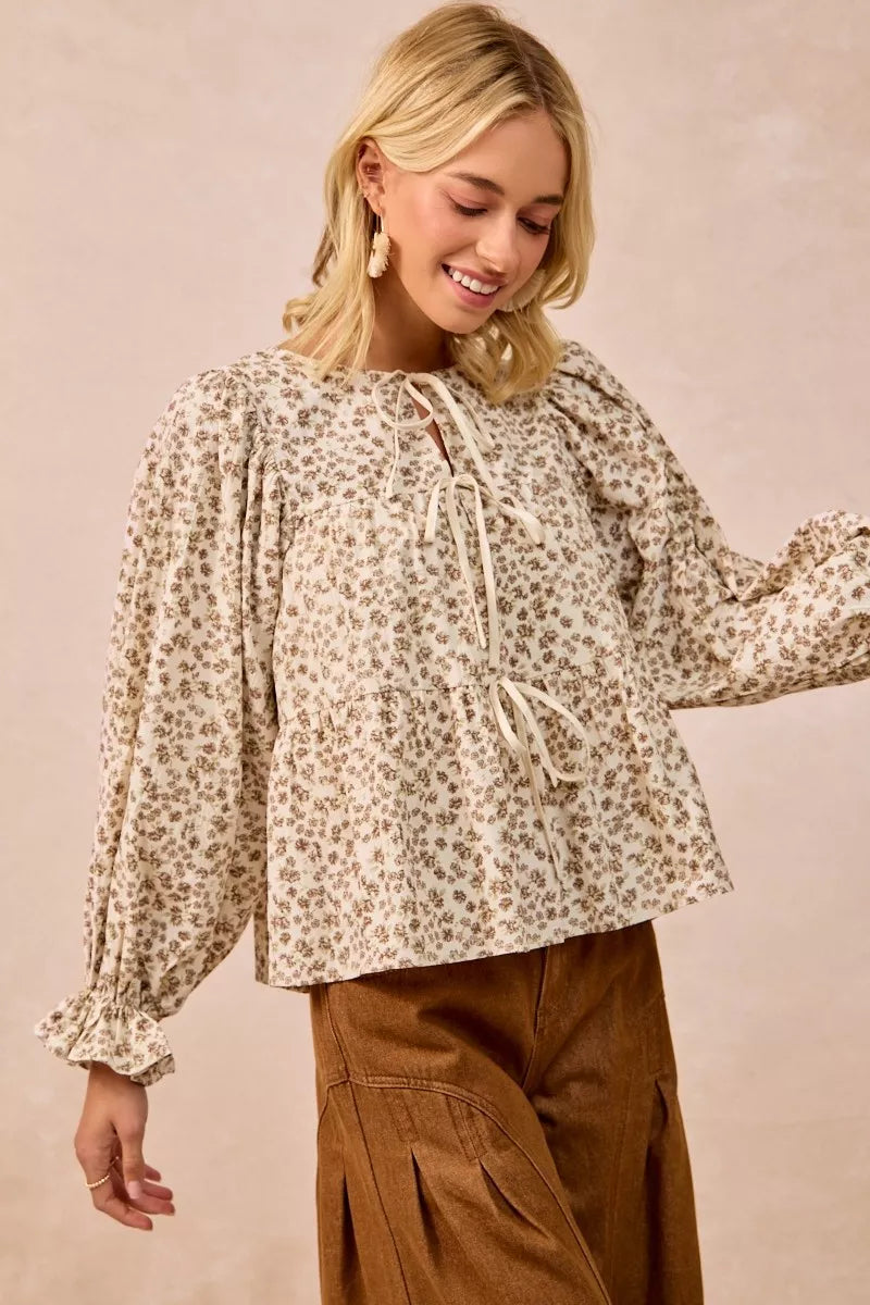 Floral Printed Peplum Blouse with Shirring and Tied at In Style Chics Boutique 