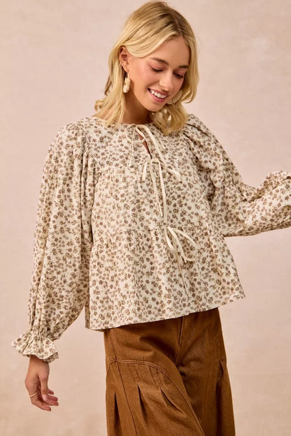 Floral Printed Peplum Blouse with Shirring and Tied at In Style Chics Boutique 