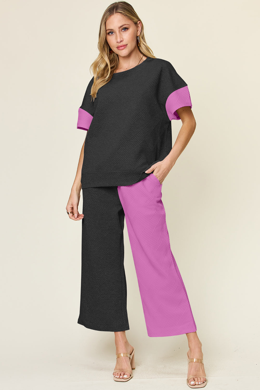 Double Take Full Size Texture Contrast T-Shirt and Wide Leg Pants Set - More Colors! - In Style Chics Boutique LLC