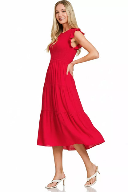 Red Smocked Midi Dress with Ruffle Sleeves & Flowy Tiered Skirt  ❤️