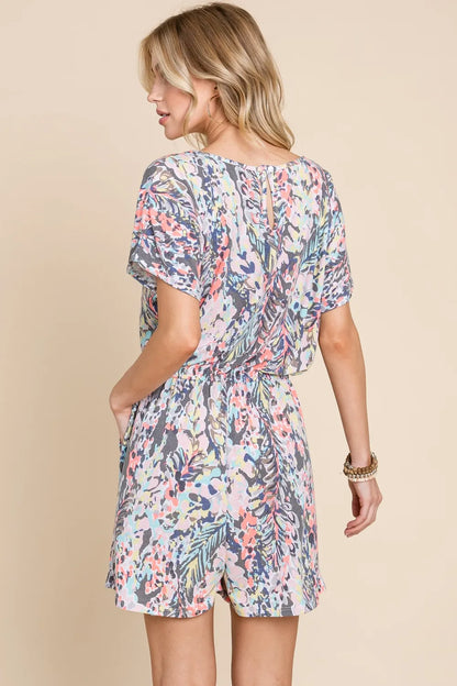 Printed Short Sleeve Drawstring Romper - In Style Chics Boutique Online Fashion