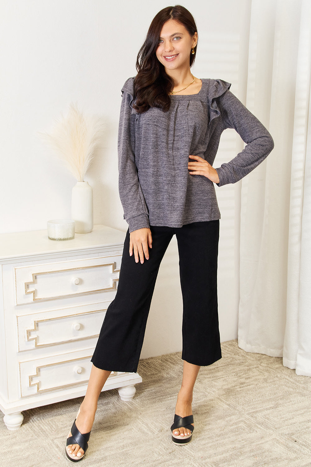 Square Neck Ruffle Shoulder Long Sleeve T-Shirt Shop Deals at In Style Chics Boutique 
