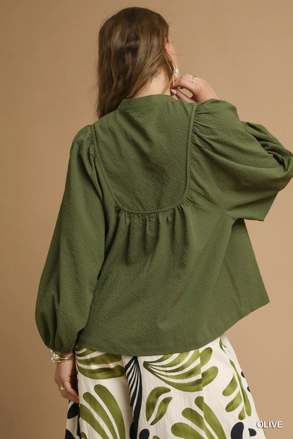 Textured Notched Blouse with Balloon Sleeves at In Style Chics Boutique 