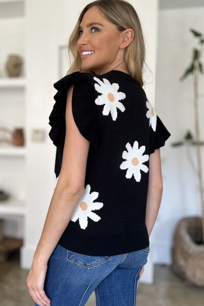 Ruffled Flower Round Neck Cap Sleeve Sweater - In Style Chics Boutique - Shop Online Plus Size Clothing 