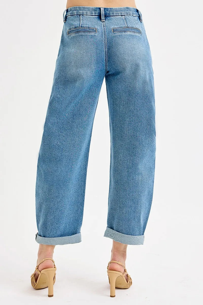 Mid Rise Fit Barrel Roll Up Jeans at In Style Chics Boutique 