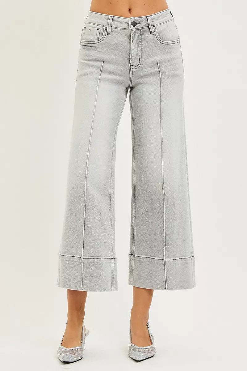 RISEN Tummy Control Mid Rise Crop Wide Pintuck Front Jeans