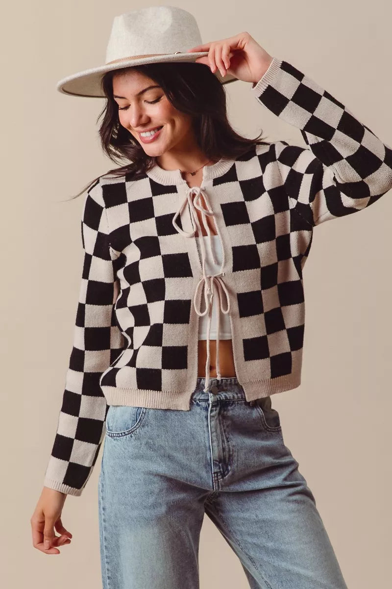 Shop Tie Front Checkered Knitted Round Neck Cardigan at In Style Chics Boutique 