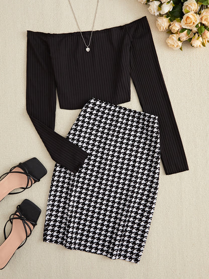 Off-Shoulder Long Sleeve Top and Houndstooth Skirt Set - In Style Chics Boutique LLC