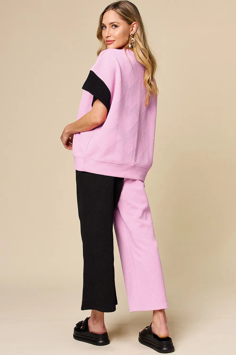 Textured Contrast T-Shirt and Wide Leg Pants Set - In Style Chics Boutique Women's Clothes 