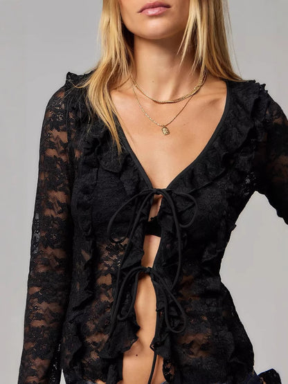 Tied V-Neck Long Sleeve Lace Shirt