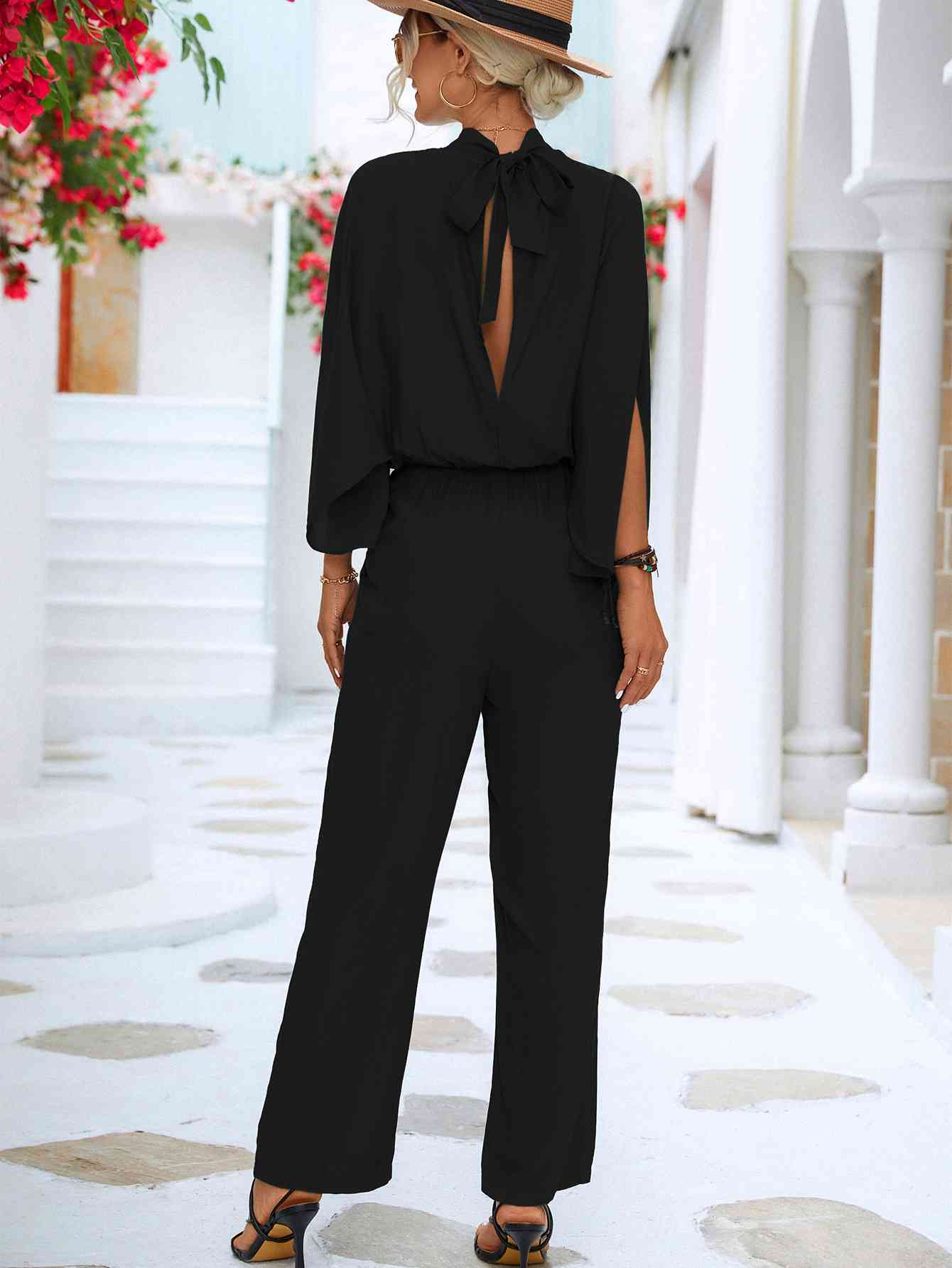 Tie Back Mock Neck Split Sleeve Jumpsuit - In Style Chics Boutique