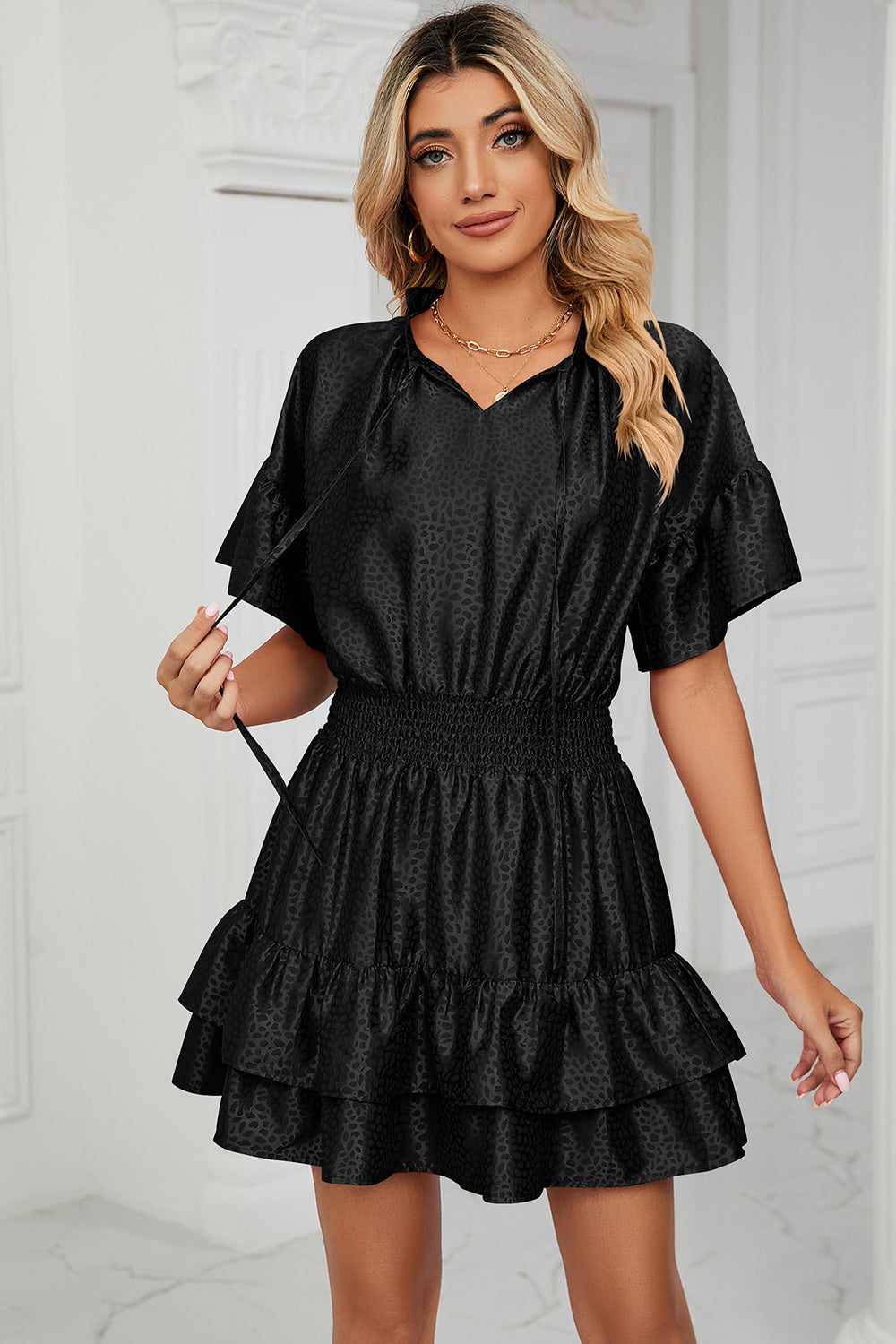 Smocked Tie Neck Flounce Sleeve Dress - In Style Chics Boutique LLC