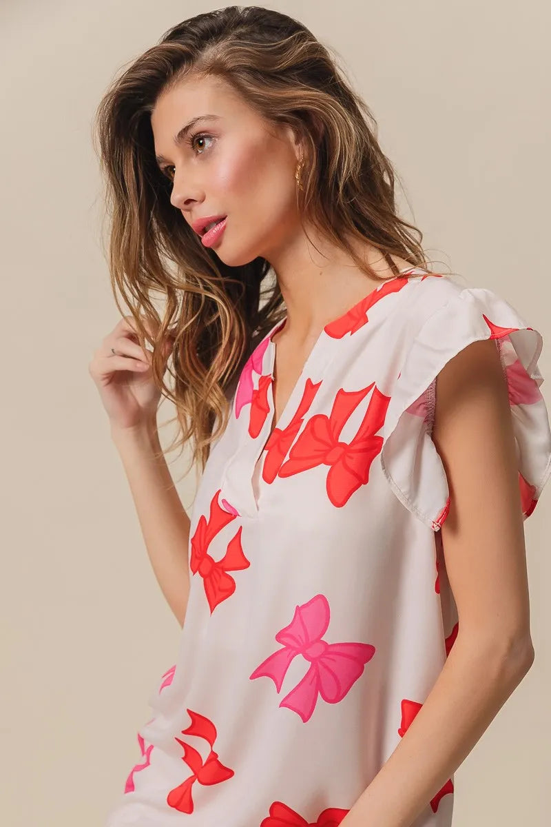 Bow Printed Woven Ruffled Sleeves V Neck Top at In Style Chics Boutique 