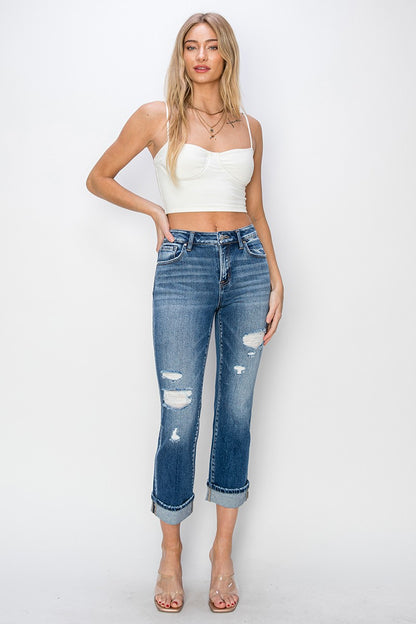 RISEN Full Size Cuffed Ankle Distressed Straight Jeans - In Style Chics Boutique LLC