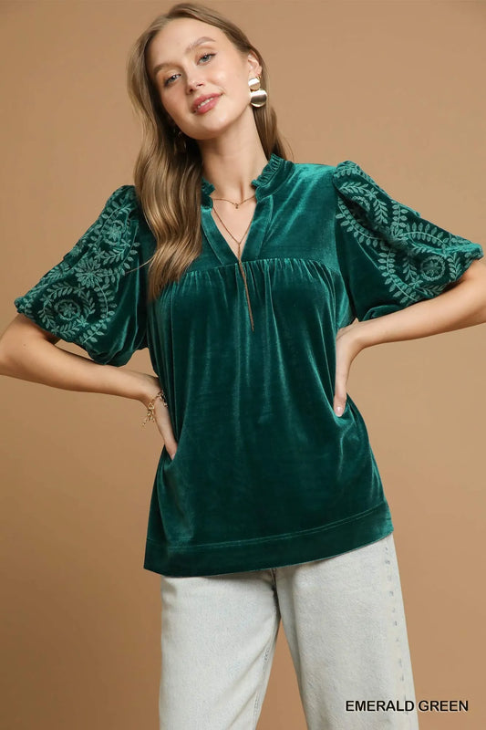 Velvet Embroidered Sleeve Blouse at In Style Chics Boutique 