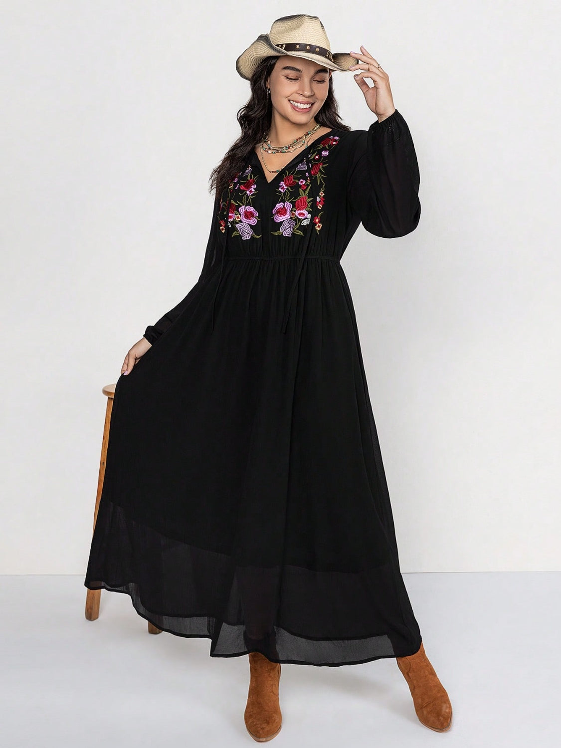 Plus-Size Embroidered Tie Neck Long Sleeve Dress - In Style Chics Boutique LLC