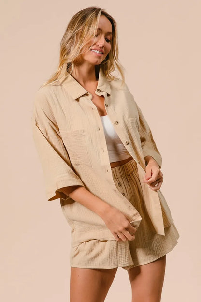 Crinkle Gauze Shirt and Short Set For Women - In Style Chics Boutique Women's Juniors Cute Clothes Online