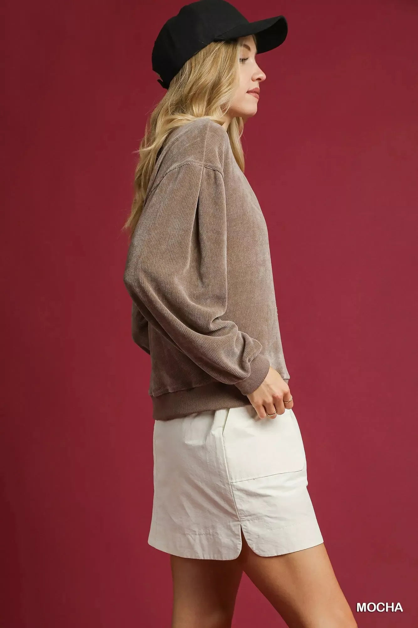 Velour Sweatshirt, Crewneck Balloon Sleeve  at In Style Chics Boutique 