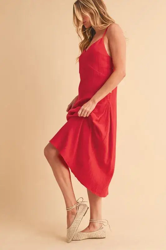 Side Button Midi Red Cami Dress - In Style Chics Boutique Women's Juniors Apparel Online In Style Clothes
