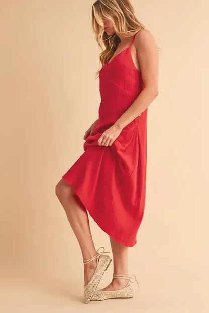 Side Button Midi Red Cami Dress - In Style Chics Boutique Women's Juniors Apparel Online In Style Clothes