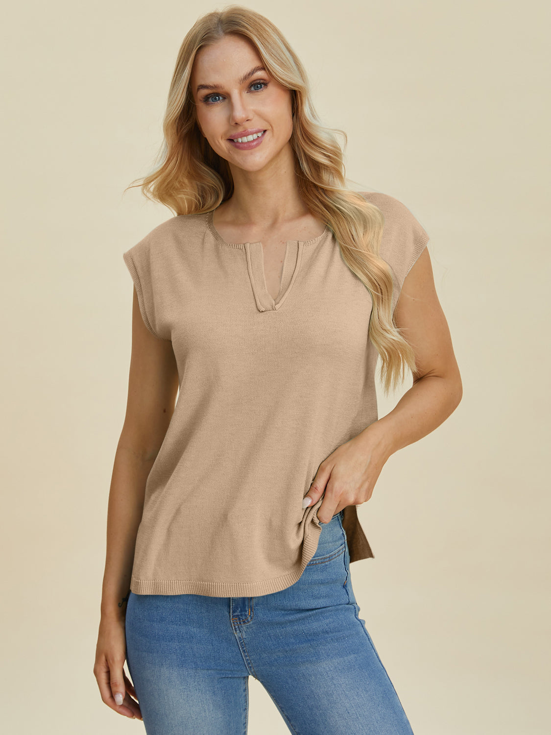 Notched Cap Sleeve Knit Top - In Style Chics Boutique Online Clothing Women's Juniors Plus Size 