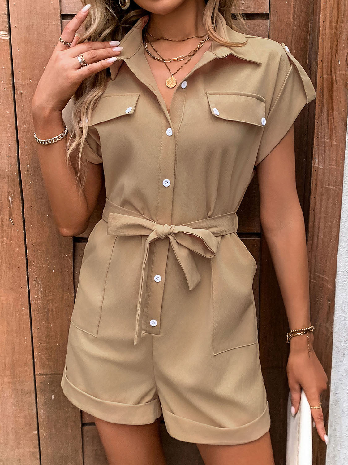 Collared Neck Tie Waist Romper with Pockets - In Style Chics Boutique LLC