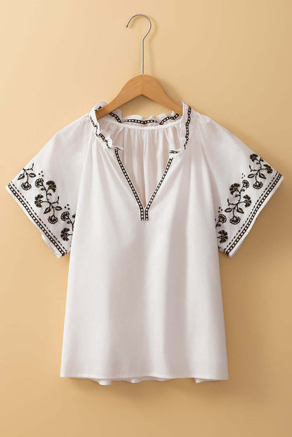 White Floral Embroidered Short Sleeve V Neck Blouse - Cute Clothes Online - In Style Chics Boutique Women's Juniors Apparel 