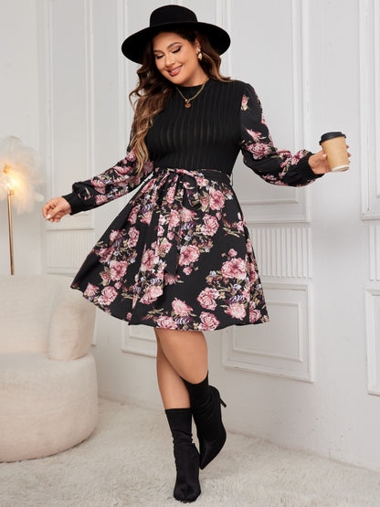 Plus Size Tied Printed Long Sleeve Dress - In Style Chics Boutique LLC