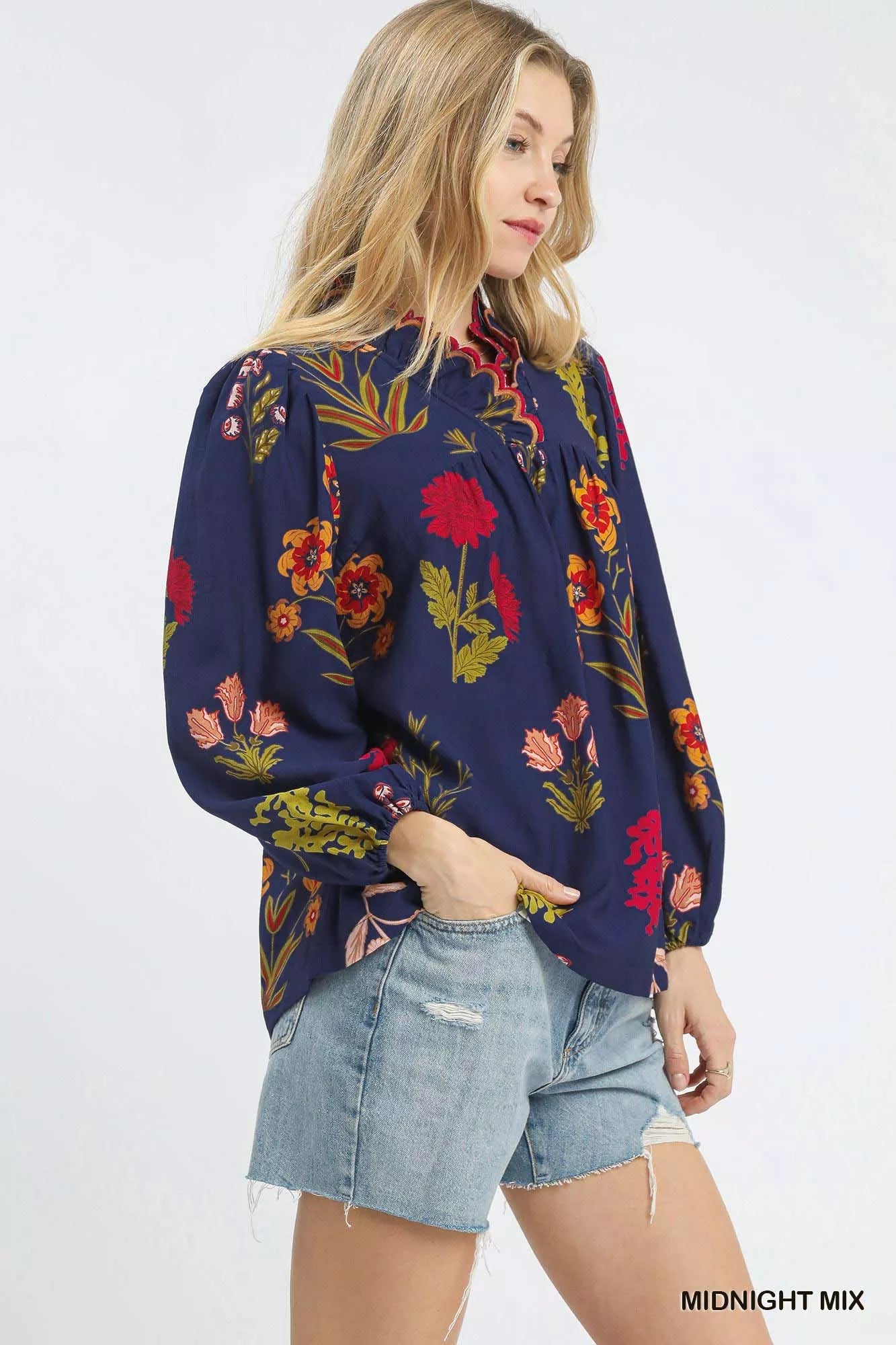 Flower Print Blouse with Scalloped Neckline at In Style Chics Boutique 