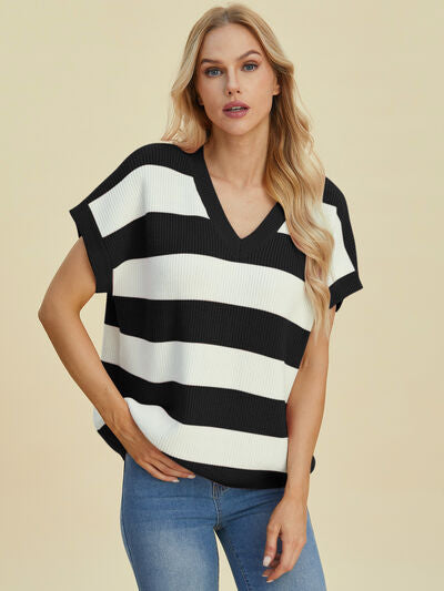 Women's Striped V-Neck Short Sleeve Sweater - In Style Chics Boutique Online Clothing 