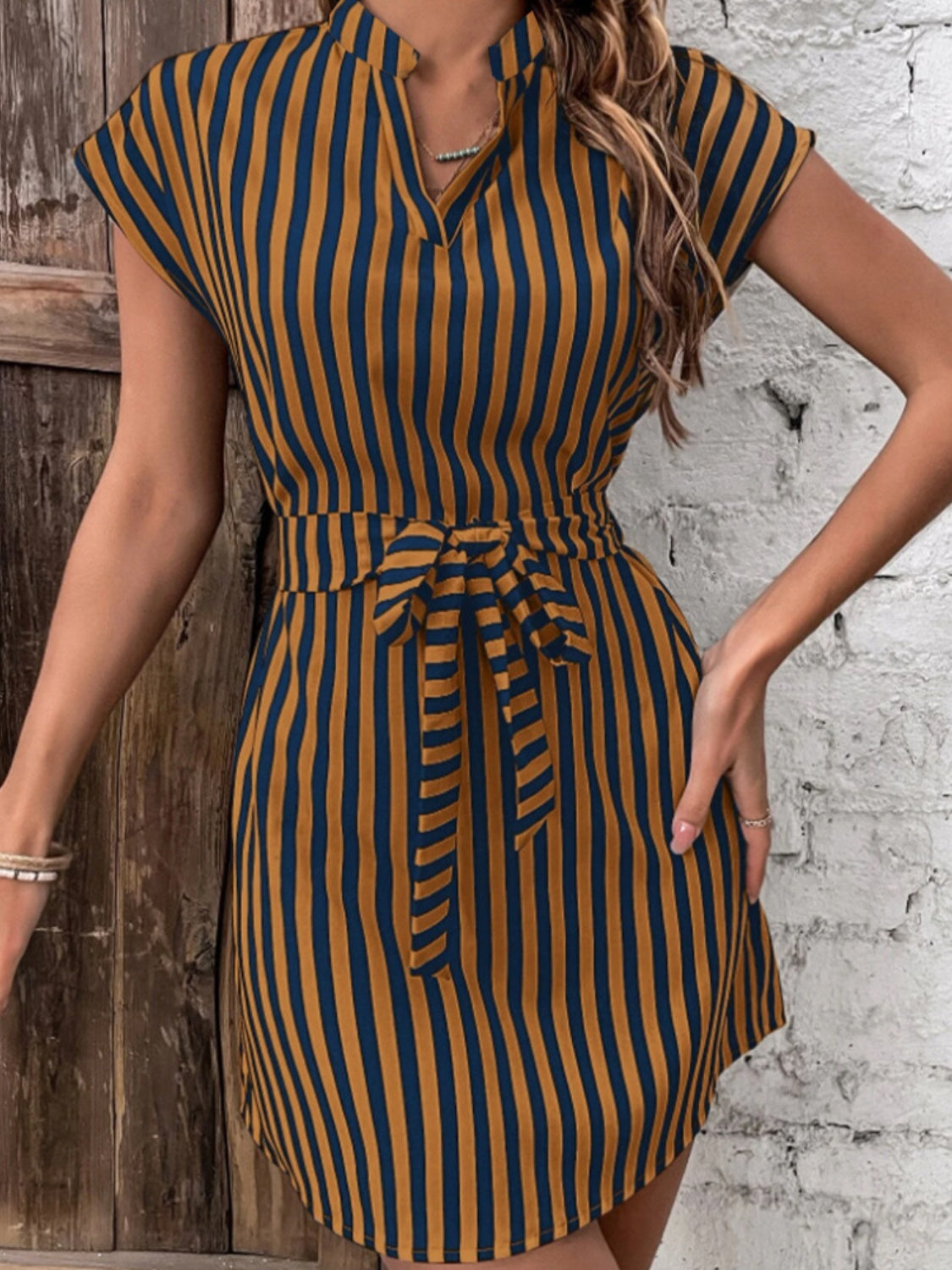 Tied Striped Cap Sleeve Mini Dress - In Style Chics Boutique LLC