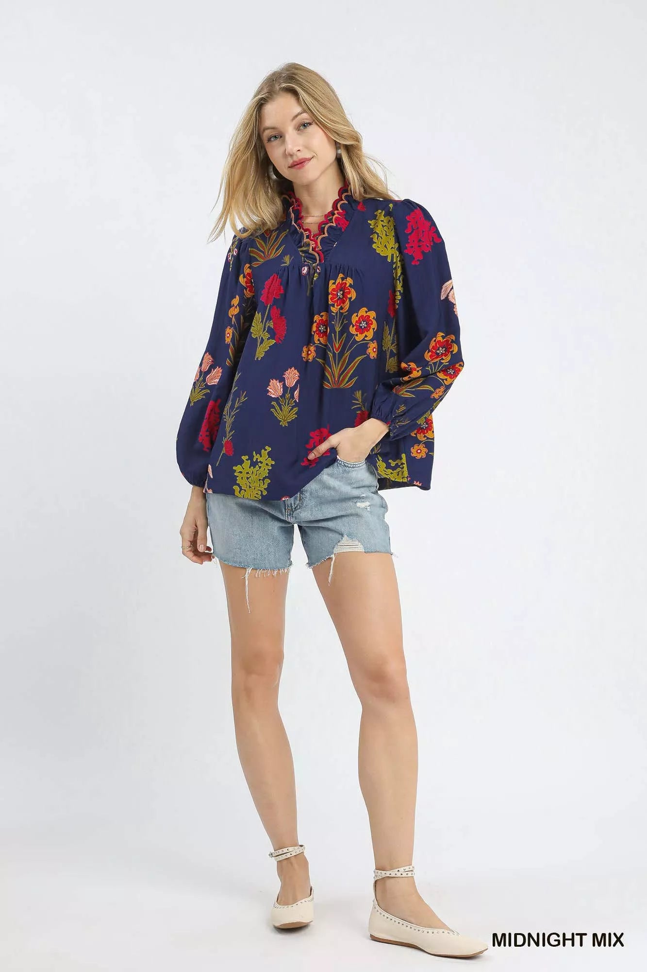 Flower Print Blouse with Scalloped Neckline at In Style Chics Boutique 