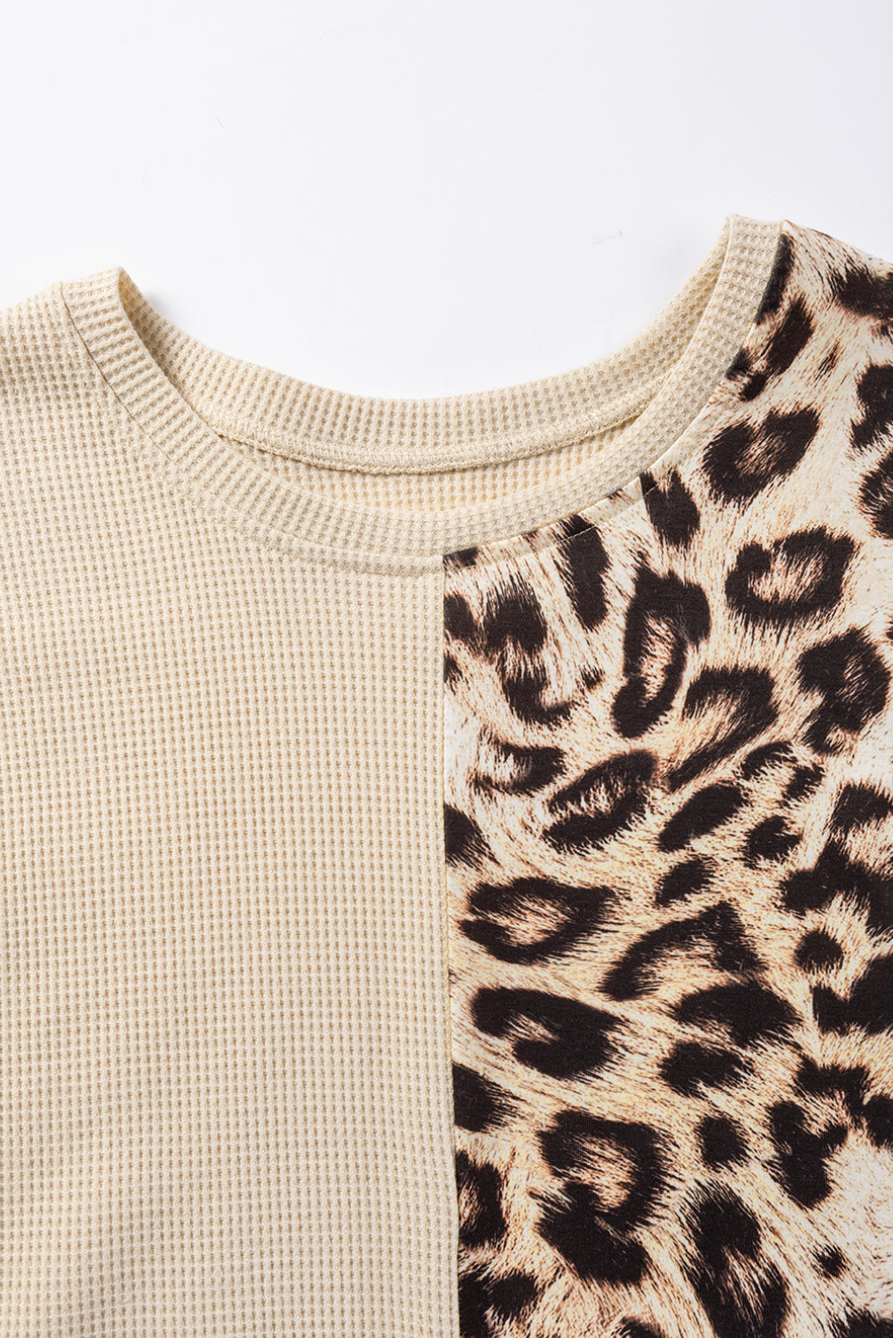 Pale Khaki Casual Waffle Knit Leopard Contrast Long Sleeve Top - In Style Chics Boutique LLC