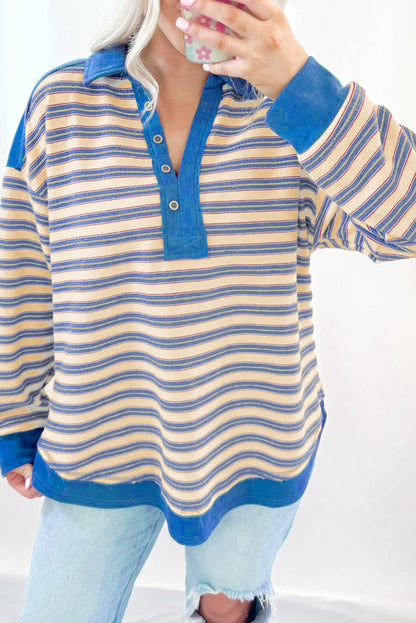 Stripe Collared V Neck Drop Shoulder Top