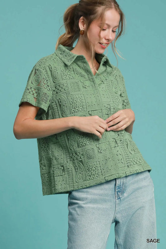 Short Sleeve Button Down Shirt, Patch Lace at In Style Chics Boutique 