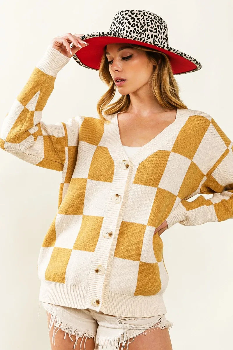Checked V-neck Cardigan at In Style Chics Boutique 