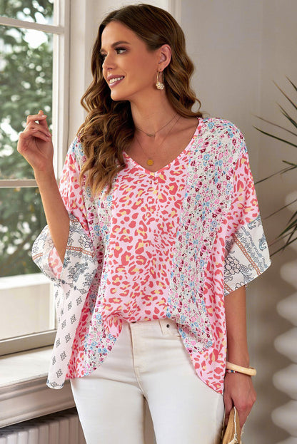 Mixed Print V-Neck Blouse - In Style Chics Boutique LLC