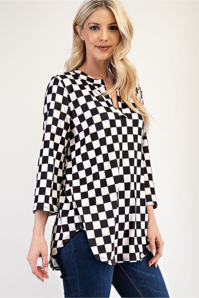 Curved Hem Checkered Notched Blouse - In Style Chics Boutique 