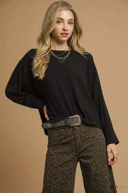 Brushed Fleece Crewneck Black Top at In Style Chics Boutique 