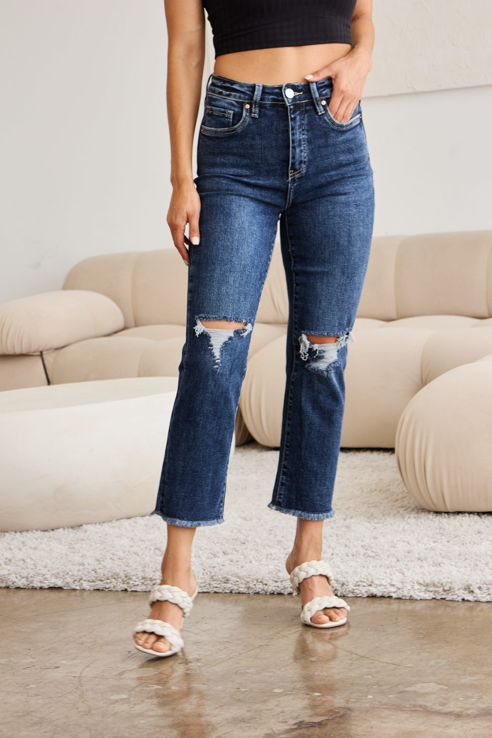 RFM Crop Dylan Full Size Tummy Control Distressed High Waist Raw Hem Jeans - In Style Chics Boutique LLC