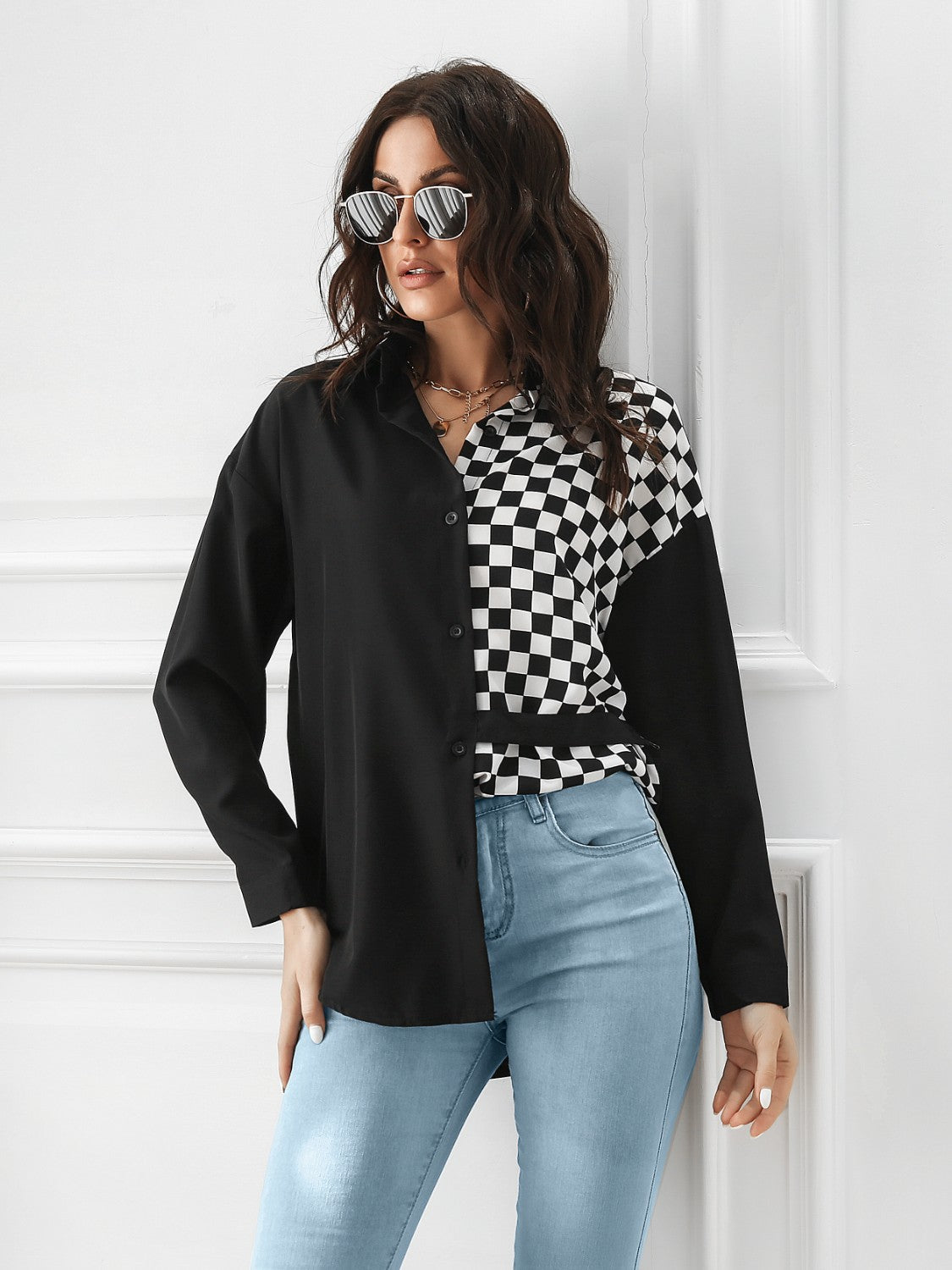 Contrast Button Up Long Sleeve Shirt - In Style Chics Boutique LLC