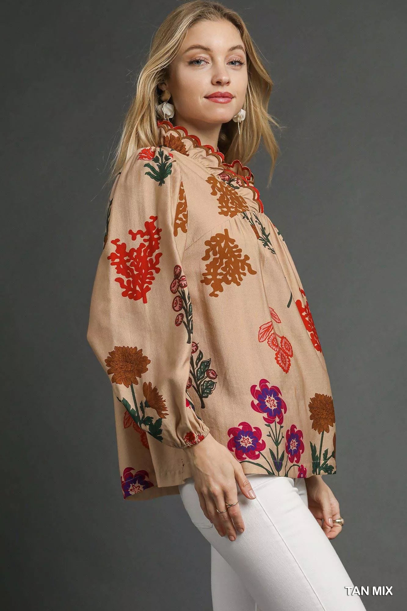Flower Print Blouse with Scalloped Neckline