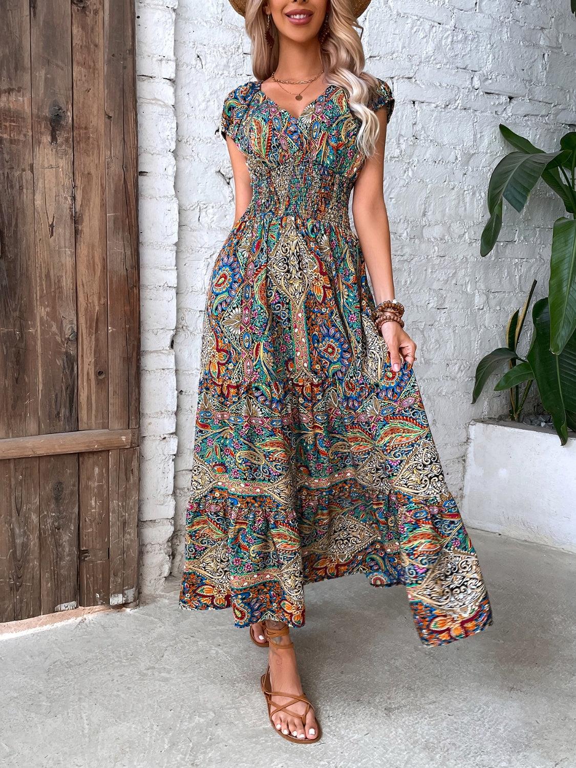 Smocked Printed Cap Sleeve Midi Dress - In Style Chics Boutique LLC