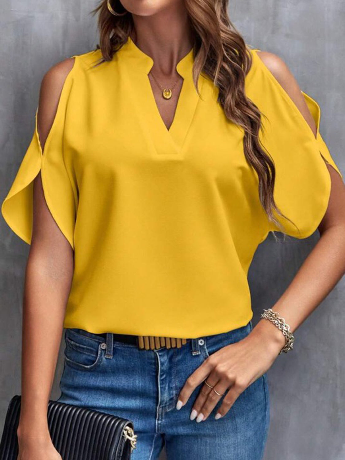 Notched Cold Shoulder Half Sleeve Blouse - In Style Chics Boutique LLC