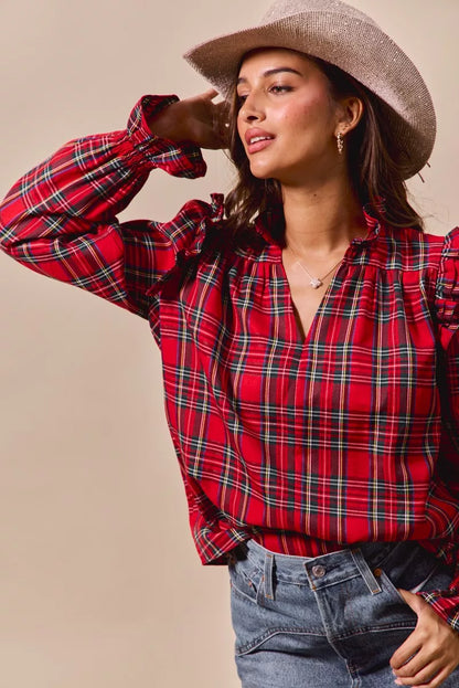 Christmas Checkered Plaid Smocked ♥️ Blouse at In Style Chics Boutique 