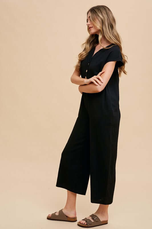 Annie Wear Button Detail Wide Leg Jumpsuit with Pockets - In Style Chics Boutique LLC