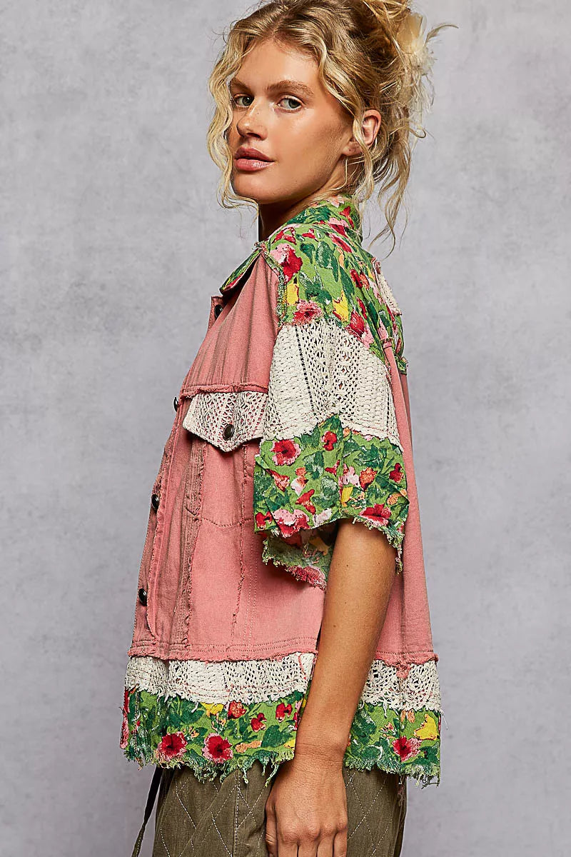 Lace Patch Floral Half Sleeve Shacket at In Style Chics Boutique